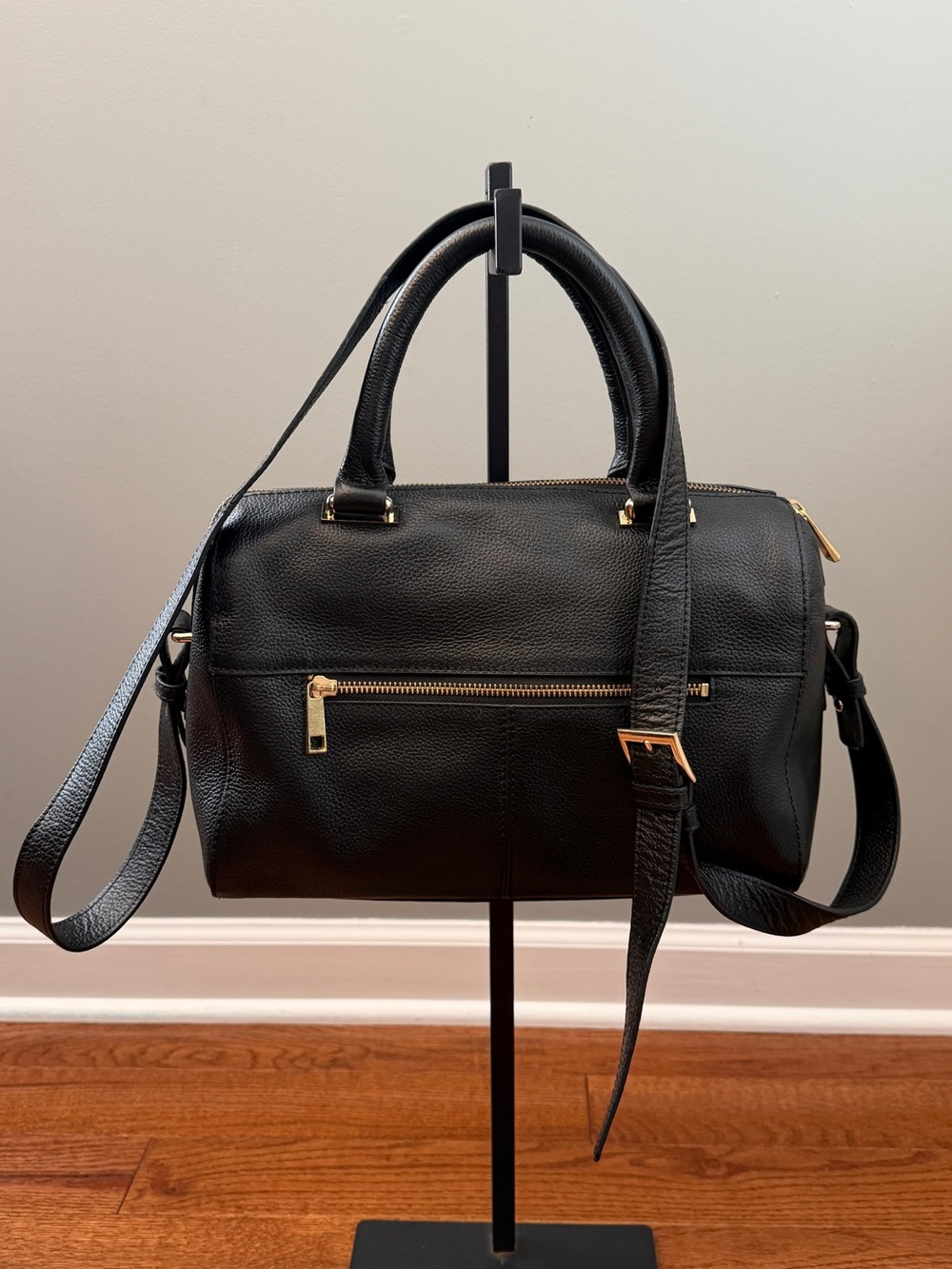 Rachel Roy Black Leather Satchel Handbag with Gold Hardware